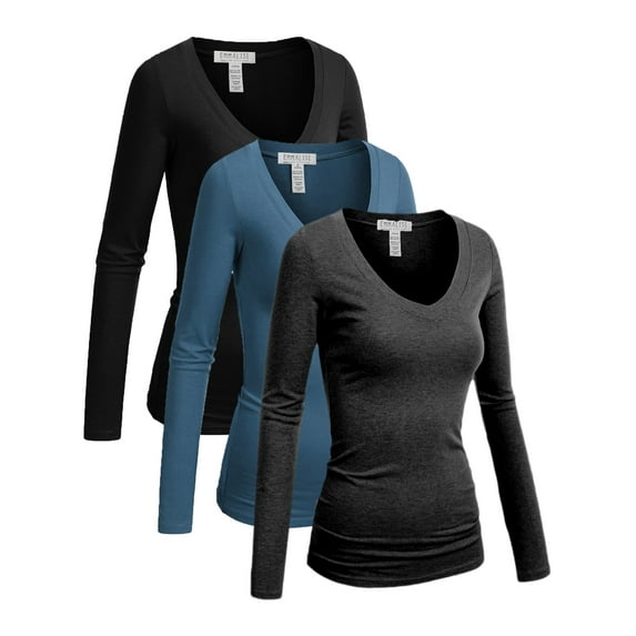 Essential Basic Women's Plus Size Vneck Tshirt Long Sleeves Shirt Tee, 3XL, 3Pk Black, Dusty Blue, HthCharcoal