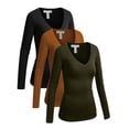 thumbnail image 1 of Emmalise Women's Junior amd Plus Size Vneck Tshirt Long Sleeves Shirt Tee, 3XL, 3Pk Black, Mustard, Olive, 1 of 6