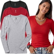 Essential Basic Womens Plus Size Vneck Tshirt Long Sleeves Shirt Tee, 3XL, 3Pk Black, Red, HthGray