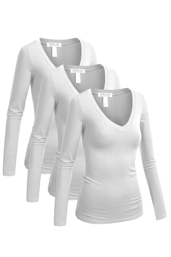 Emmalise Women's Junior amd Plus Size Vneck Tshirt Long Sleeves Shirt Tee, 3XL, 3Pk White, White, White