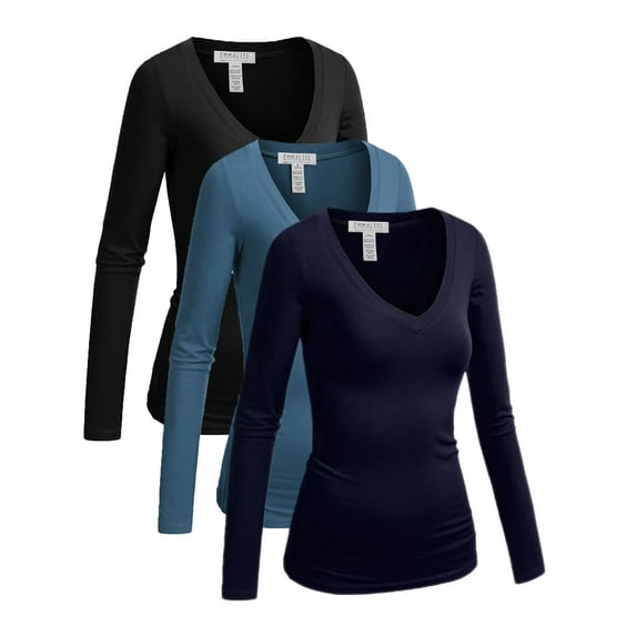 Essential Basic Women's Junior Size Vneck Tshirt Long Sleeves Shirt Tee, Large, 3Pk Black, Dusty Blue, Navy