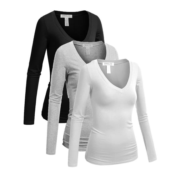 Essential Basic Women's Junior Size Vneck Tshirt Long Sleeves Shirt Tee, Large, 3Pk Black, HthGray, White