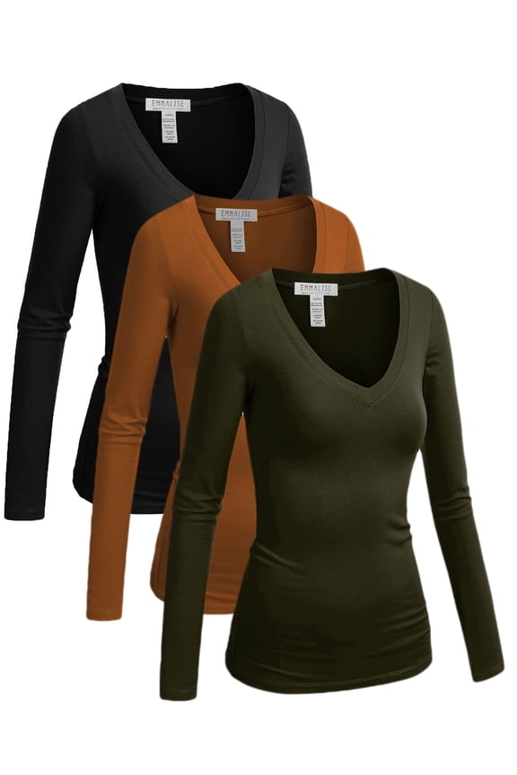 Women's Junior Size Vneck Tshirt Long Sleeves Shirt Tee, Large, 3Pk Black, Mustard, Olive