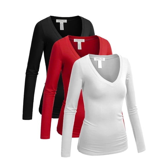 Essential Basic Women's Junior Size Vneck Tshirt Long Sleeves Shirt Tee, Large, 3Pk Black, Red, White