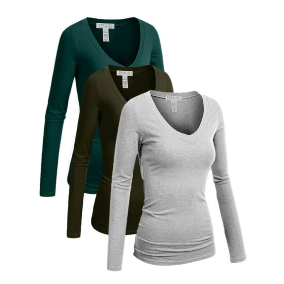Essential Basic Women's Junior Size Vneck Tshirt Long Sleeves Shirt Tee, Large, 3Pk Green Teal, Olive, HthGray
