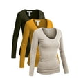 thumbnail image 1 of Essential Basic Women's Junior Size Vneck Tshirt Long Sleeves Shirt Tee, Large, 3Pk Mustard, Oat, Olive, 1 of 8