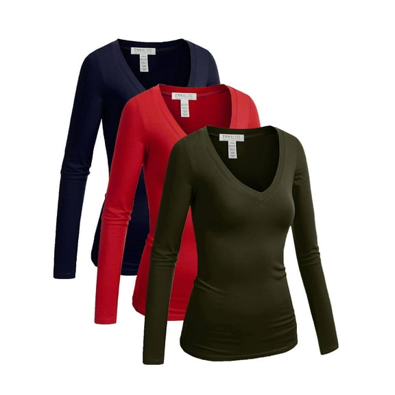Essential Basic Women's Junior Size Vneck Tshirt Long Sleeves Shirt Tee, Large, 3Pk Navy, Olive, Red