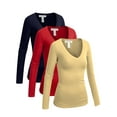 thumbnail image 1 of Essential Basic Women's Junior Size Vneck Tshirt Long Sleeves Shirt Tee, Large, 3Pk Red, Navy, Taupe, 1 of 7