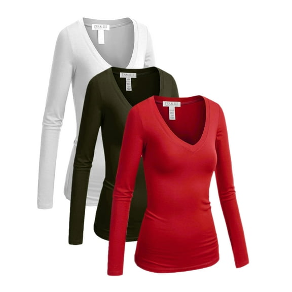 Emmalise Women's Junior amd Plus Size Vneck Tshirt Long Sleeves Shirt Tee, Large, 3Pk White, Olive, Red