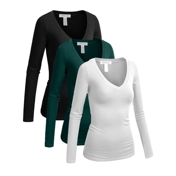Essential Basic Women's Junior Size Vneck Tshirt Long Sleeves Shirt Tee, Medium, 3Pk Black, Green Teal, White