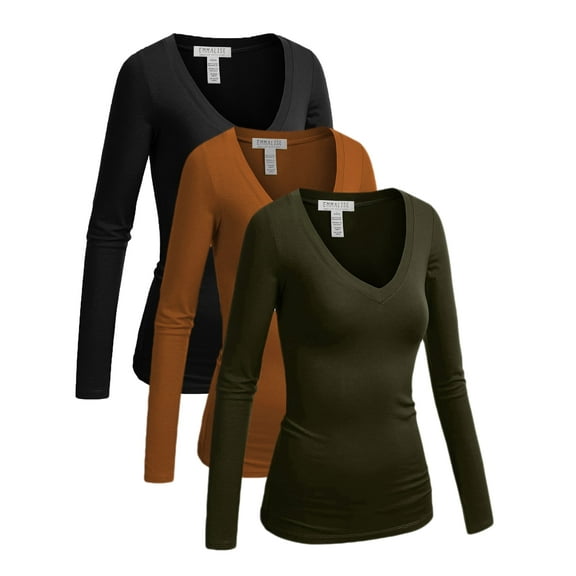 Essential Basic Women's Junior Size Vneck Tshirt Long Sleeves Shirt Tee, Medium, 3Pk Black, Mustard, Olive