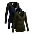 thumbnail image 1 of Essential Basic Women's Junior Size Vneck Tshirt Long Sleeves Shirt Tee, Medium, 3Pk Black, Navy, Olive, 1 of 5