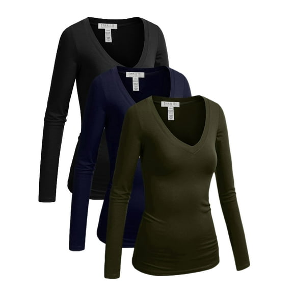 Essential Basic Women's Junior Size Vneck Tshirt Long Sleeves Shirt Tee, Medium, 3Pk Black, Navy, Olive