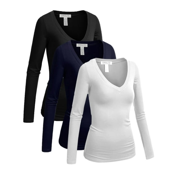 Essential Basic Women's Junior Size Vneck Tshirt Long Sleeves Shirt Tee, Medium, 3Pk Black, Navy, White