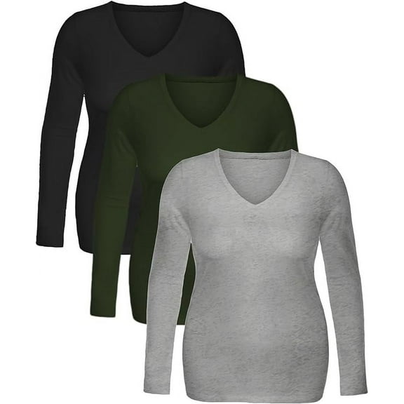 Essential Basic Women's Junior Size Vneck Tshirt Long Sleeves Shirt Tee, Medium, 3Pk Black, Olive, HthGray