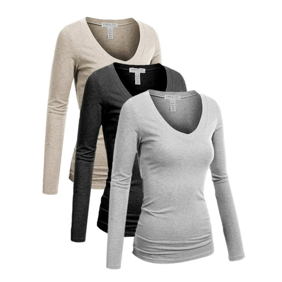 Essential Basic Women's Junior Size Vneck Tshirt Long Sleeves Shirt Tee, Medium, 3Pk Oat, HthCharcoal, HthGray