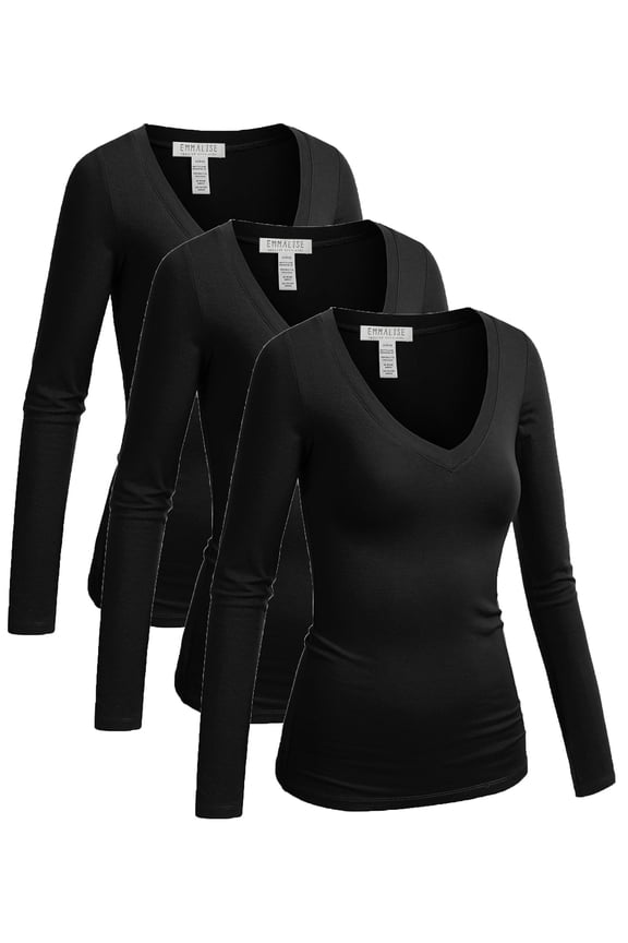 Women's Junior Size Vneck Tshirt Long Sleeves Shirt Tee, Small, 3Pk Black, Black, Black