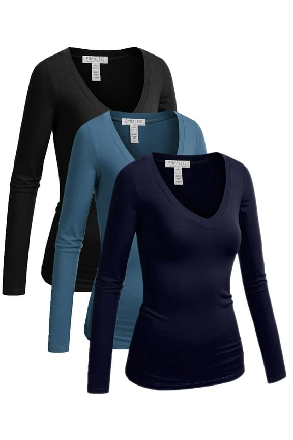 Women's Junior Size Vneck Tshirt Long Sleeves Shirt Tee, Small, 3Pk Black, Dusty Blue, Navy