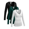 thumbnail image 1 of Essential Basic Women's Junior Size Vneck Tshirt Long Sleeves Shirt Tee, Small, 3Pk Black, Green Teal, White, 1 of 5
