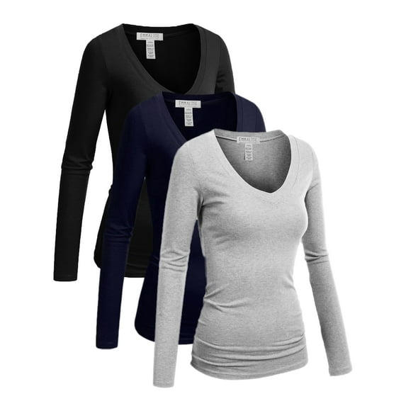 Essential Basic Women's Junior Size Vneck Tshirt Long Sleeves Shirt Tee, Small, 3Pk Black, Navy, HthGray