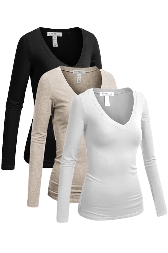 Women's Junior Size Vneck Tshirt Long Sleeves Shirt Tee, Small, 3Pk Black, Oat, White