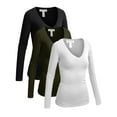 thumbnail image 1 of Essential Basic Women's Junior Size Vneck Tshirt Long Sleeves Shirt Tee, Small, 3Pk Black, Olive, White, 1 of 5