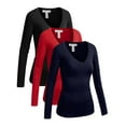 thumbnail image 1 of Essential Basic Women's Junior Size Vneck Tshirt Long Sleeves Shirt Tee, Small, 3Pk Black, Red, Navy, 1 of 5