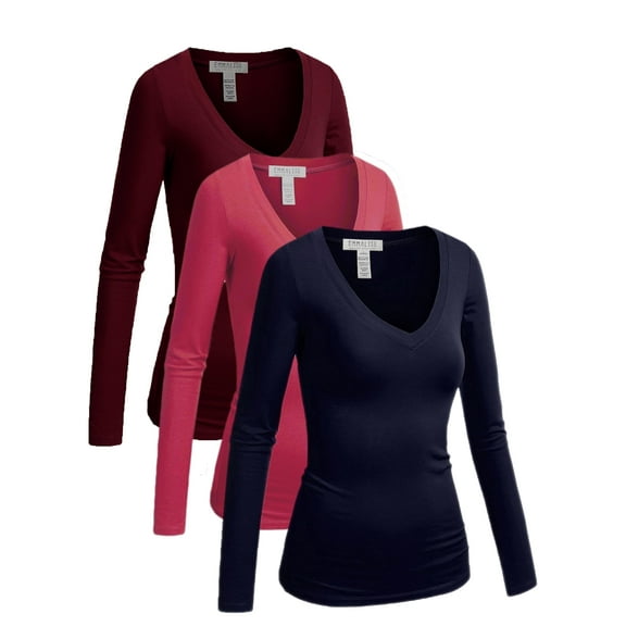 Essential Basic Women's Junior Size Vneck Tshirt Long Sleeves Shirt Tee, Small, 3Pk Fuschia, Navy, Burgundy
