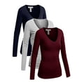 thumbnail image 1 of Essential Basic Women's Junior Size Vneck Tshirt Long Sleeve Shirt, 3Pk Navy Hgray Burgundy, Small, 1 of 5