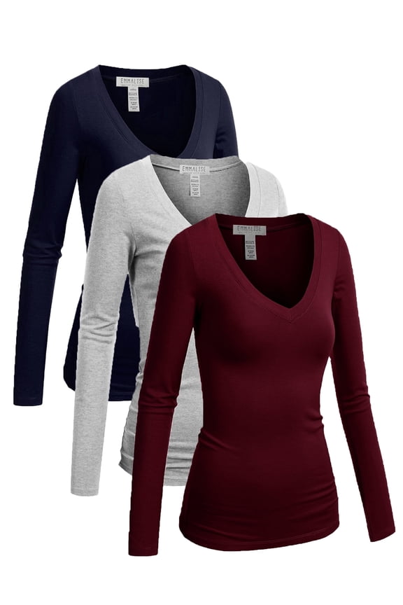 Women's Junior Size Vneck Tshirt Long Sleeve Shirt, 3Pk Navy Hgray Burgundy, Small