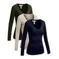 thumbnail image 1 of Essential Basic Women's Junior Size Vneck Tshirt Long Sleeves Shirt Tee, Small, 3Pk Olive, Oat, Navy, 1 of 4
