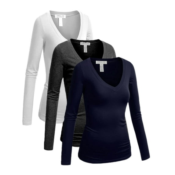 Essential Basic Women's Junior Size Vneck Tshirt Long Sleeves Shirt Tee, Small, 3Pk White, HthCharcoal, Navy