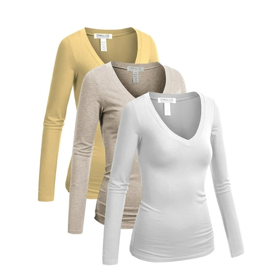 Emmalise Women's Junior amd Plus Size Vneck Tshirt Long Sleeves Shirt Tee, Small, 3Pk White, Taupe, Oat