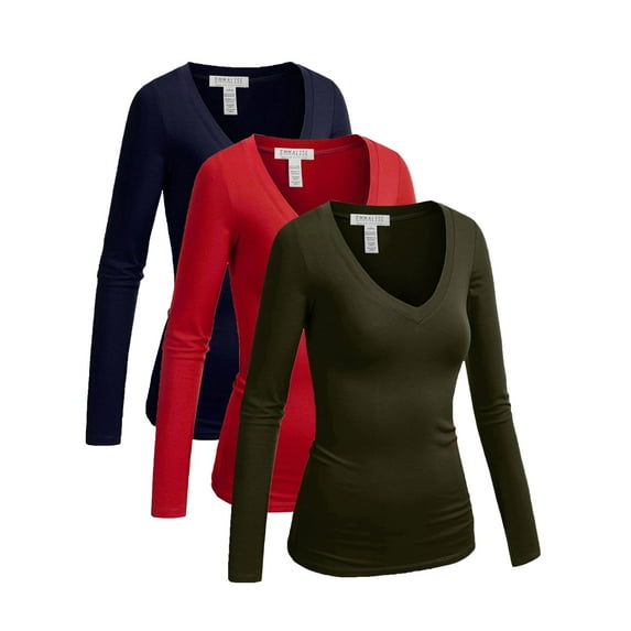 Essential Basic Women's Plus Size Vneck Tshirt Long Sleeves Shirt Tee, XL, 3Pk Navy, Olive, Red