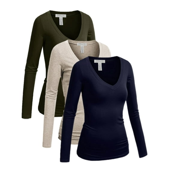 Essential Basic Women's Plus Size Vneck Tshirt Long Sleeves Shirt Tee, XL, 3Pk Olive, Oat, Navy