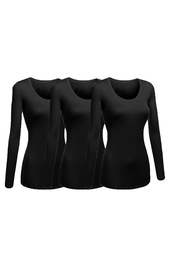 Women's Junior and Plus Size Basic Scoop Neck Tshirt Long Sleeve Tee, 1XL, 3Pk Black, Black, Black