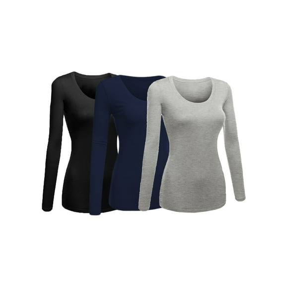Women's Junior and Plus Size Basic Scoop Neck Tshirt Long Sleeve Tee, 1XL, 3Pk Black, Navy, HthGray