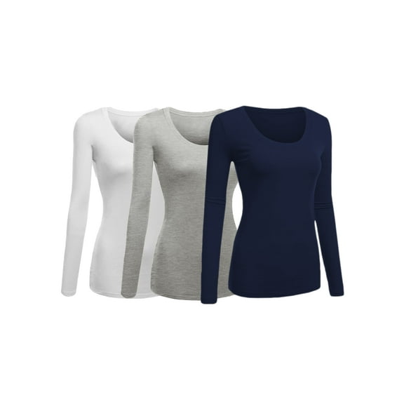 Women's Junior and Plus Size Basic Scoop Neck Tshirt Long Sleeve Tee, 1XL, 3Pk White, HthGray, Navy