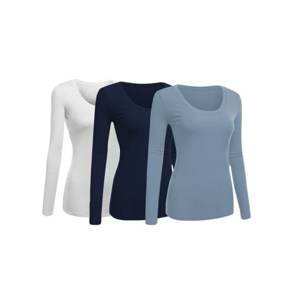 Women's Junior and Plus Size Basic Scoop Neck Tshirt Long Sleeve Tee, 1XL, 3Pk White, Navy, Dusty Blue