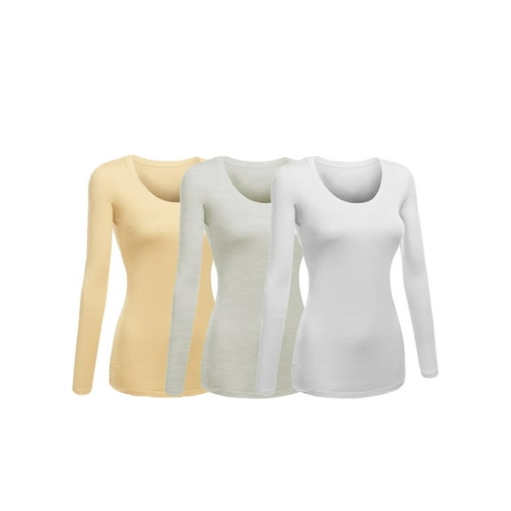 Women's Junior and Plus Size Basic Scoop Neck Tshirt Long Sleeve Tee, 1XL, 3Pk White, Oat, Khaki