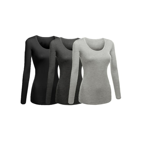 Emmalise Women's Junior and Plus Size Basic Scoop Neck Tshirt Long Sleeve Tee, 2XL, 3Pk Black, HthCharcoal, HthGray