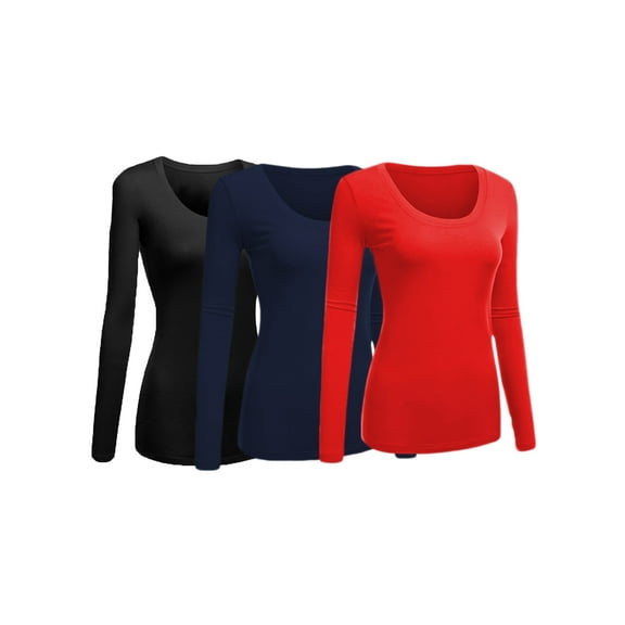 Women's Junior and Plus Size Basic Scoop Neck Tshirt Long Sleeve Tee, 2XL, 3Pk Black, Navy, Red