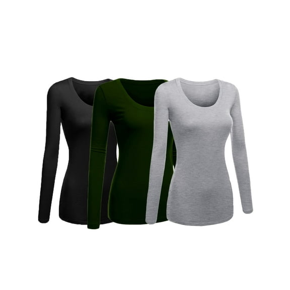 Women's Junior and Plus Size Basic Scoop Neck Tshirt Long Sleeve Tee, 2XL, 3Pk Black, Olive, HthGray