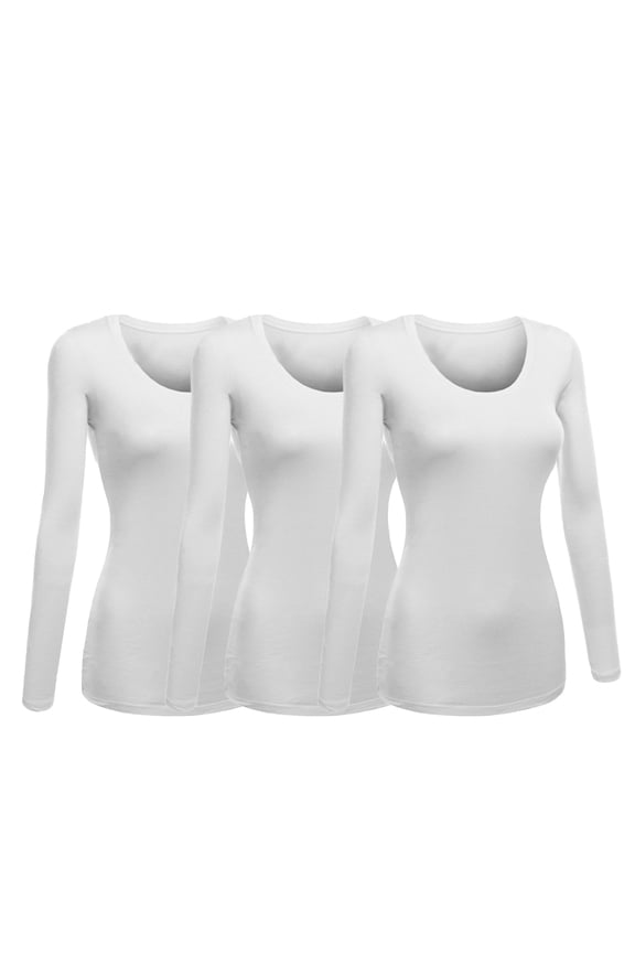 Women's Junior and Plus Size Basic Scoop Neck Tshirt Long Sleeve Tee, 2XL, 3Pk White, White, White