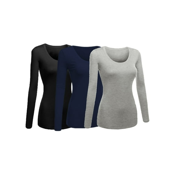 Emmalise Women's Junior and Plus Size Basic Scoop Neck Tshirt Long Sleeve Tee, 2xl, 3Pk Black, Navy, Hgray