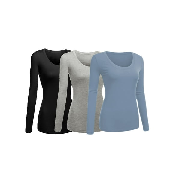 Women's Junior and Plus Size Basic Scoop Neck Tshirt Long Sleeve Tee, 3XL, 3Pk Black, HthGray, Dusty Blue