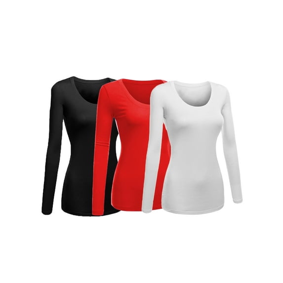 Women's Junior and Plus Size Basic Scoop Neck Tshirt Long Sleeve Tee, 3XL, 3Pk Black, Red, White