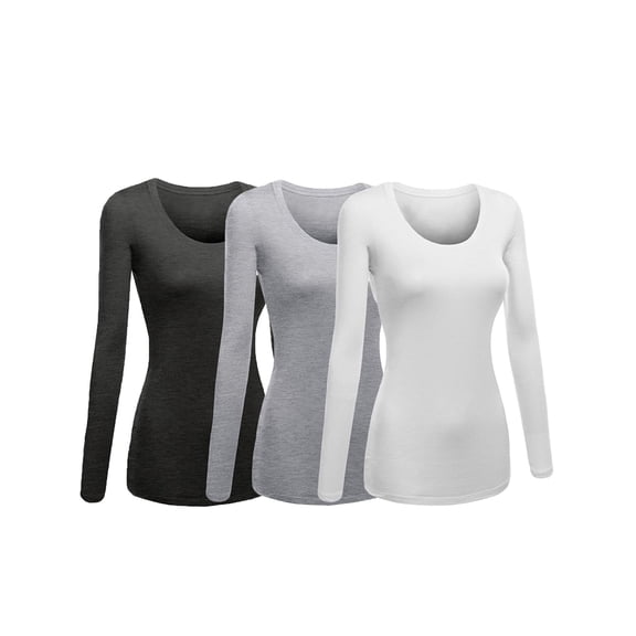 Emmalise Women's Junior and Plus Size Basic Scoop Neck Tshirt Long Sleeve Tee, 3XL, 3Pk HthCharcoal, HthGray, White