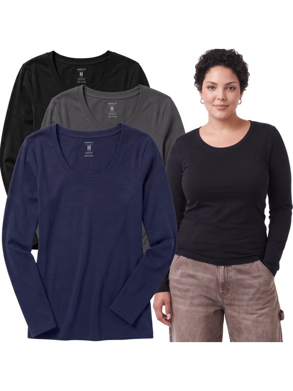 Women's Long Sleeve Scoop-Neck T-Shirt Top, Color Navy Charcoal Black, Size 3XL