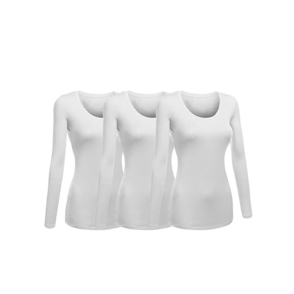 Emmalise Women's Junior and Plus Size Basic Scoop Neck Tshirt Long Sleeve Tee, 3XL, 3Pk White, White, White